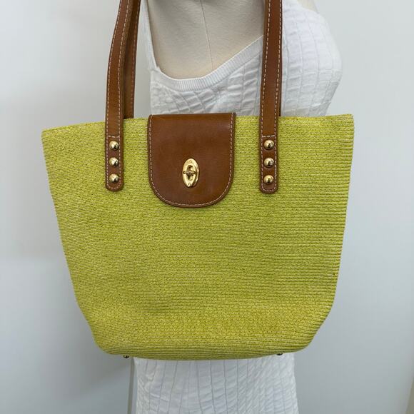Eric Javits Squishee Raffia Woven Straw Tote Shoulder Bag Green Chartreuse - Picture 2 of 13